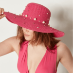 Γυναικείο Ψάθινο Καπέλο με Πέρλες-Φούξια