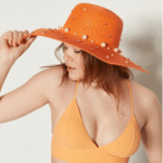 Γυναικείο Ψάθινο Καπέλο με Πέρλες-Πορτοκαλί