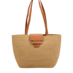 Γυναικεία Ψάθινη Tote με Δερμάτινο Καπάκι-Μπεζ