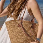 Γυναικεία Ψάθινη Τσάντα με καφέ Δερματίνη Λουράκια