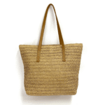 Γυναικεία Ψάθινη Τσάντα Ώμου με Δερμάτινες Λαβές-Μπεζ