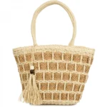 Γυναικεία Ψάθινη Τσάντα Ώμου με Ιδιαίτερη Πλέξη & Κρόσσια-Εκρού