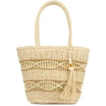 Γυναικεία Ψάθινη Τσάντα Ώμου με Χειροποίητη Πλέξη & Κρόσσια-Εκρού