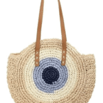 Γυναικεία Ψάθινη Στρογγυλή Τσάντα με Σχέδιο Μάτι-Εκρού