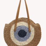 Γυναικεία Ψάθινη Στρογγυλή Τσάντα με Σχέδιο Μάτι-Μπεζ