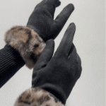 Γυναικεία Γάντια με Λεοπάρ Γούνα & Fleece Επένδυση-Μαύρο