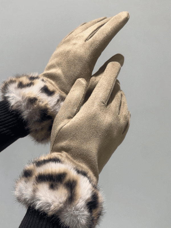 Γυναικεία Γάντια με Λεοπάρ Γούνα & Fleece Επένδυση-Μπεζ