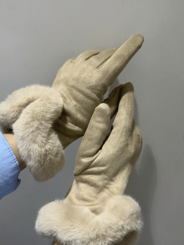 Γυναικεία Γάντια με Fleece Επένδυση & Λεπτομέρεια Γούνας-Μπεζ