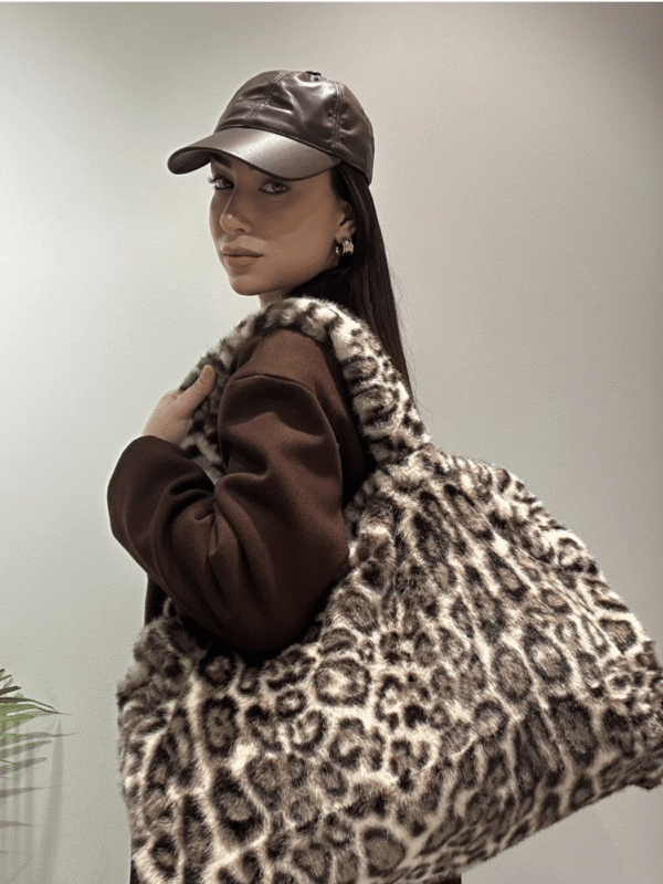 Γυναικεία Γούνινη Λεοπάρ Τσάντα Ώμου Μεγάλη-Μπεζ