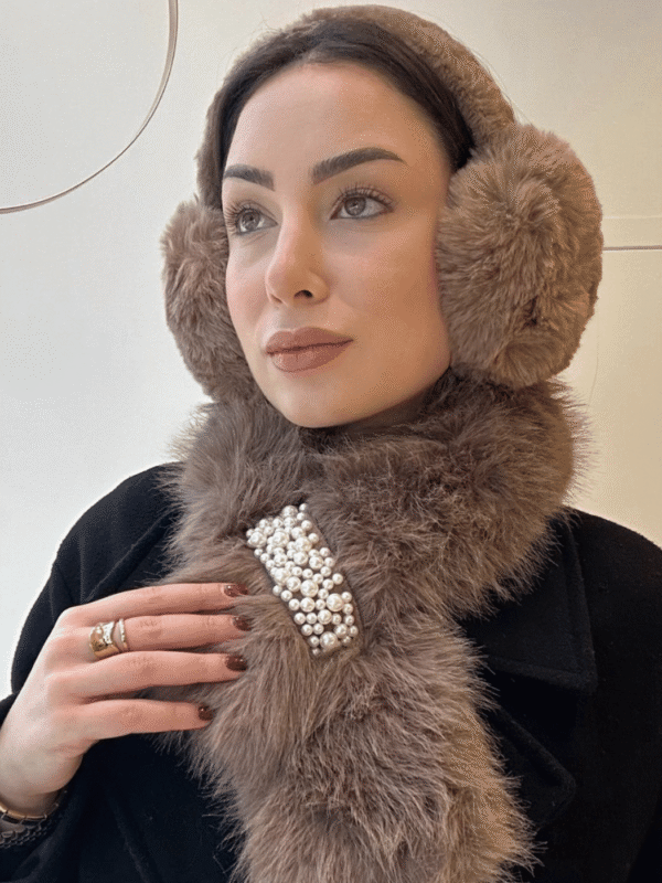 Γυναικείο Γούνινο Σταυρωτό Neckwarmer με Λεπτομέρεια Πέρλας- Καφέ