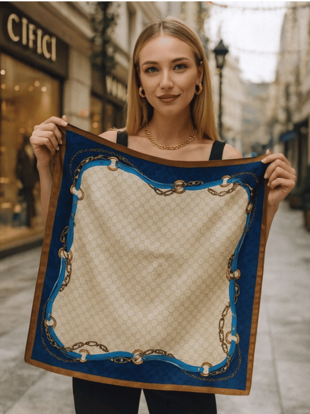 1 Γυναικείο Φουλάρι με Στυλάτη Αλυσίδα-Μπλε Σκούρο - Image 1