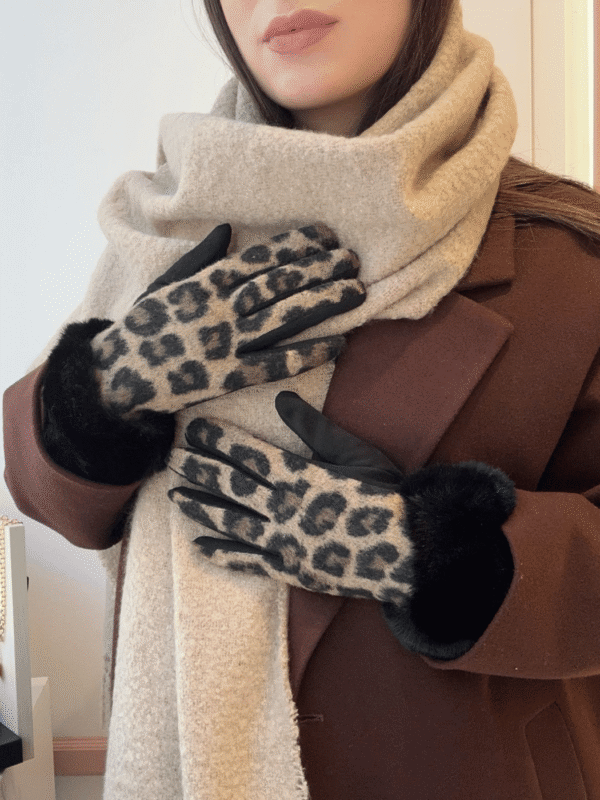 Γυναικεία Βαμβακερά Γάντια Λεοπάρ με Λεπτομέρεια Γούνας-Μπεζ