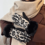Γυναικεία Βαμβακερά Γάντια Λεοπάρ με Λεπτομέρεια Γούνας-Γκρι