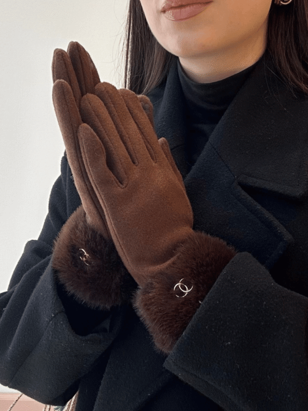 Γυναικεία Υφασμάτινα Γάντια με Γούνινη Επένδυση-Σκούρο Καφέ