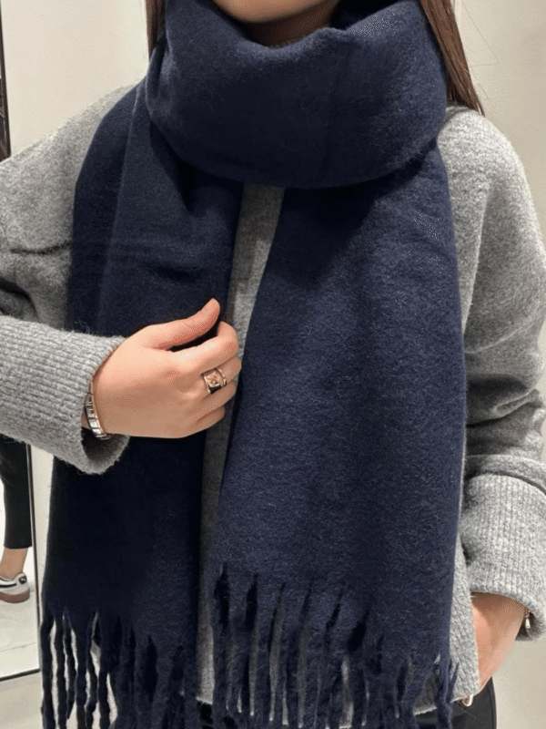 Γυναικείο Μονόχρωμο Χοντρό Κασκόλ με Κρόσσια-Μπλε Σκούρο