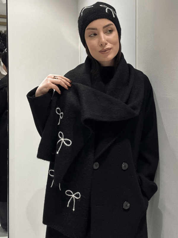 Γυναικείο Σετ Πλεκτό Ζεστό Κασκόλ & Σκουφάκι – Μαλακό και Άνετο με Φιόγκο-Μαύρο