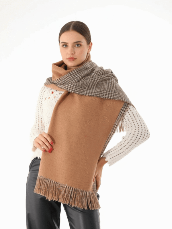 Γυναικείο Κασκόλ Διπλής Όψης Μπεζ & Καρό