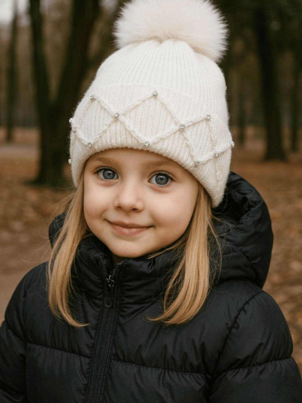 1 (13) Παιδικό Σκουφάκι με Φουντίτσα και Στρας-Άσπρο - Image 1