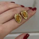 Ατσάλινα Οβάλ Σκουλαρίκια με Καφέ Πέτρα