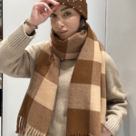 Γυναικείο Καρό Κασκόλ με Κρόσσια-Μπεζ